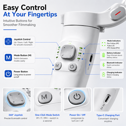 3-axis smartphone stabilizer control panel with joystick, mode button, power button, LED indicators and USB Type-C charging port for smooth mobile video recording.