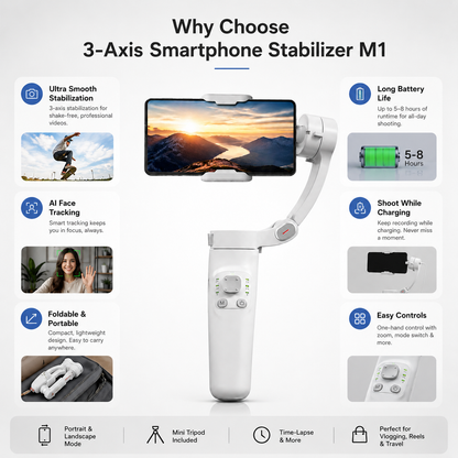 Foldable 3-axis smartphone stabilizer with AI face tracking, long battery life, portrait and landscape modes, mini tripod and mobile video stabilization features.
