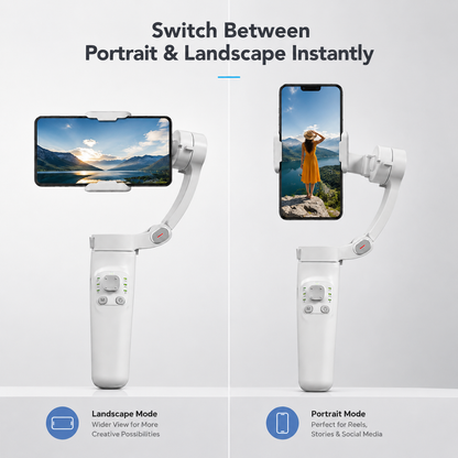 3-axis smartphone gimbal stabilizer switching between portrait and landscape modes for reels, social media content, vlogging and mobile videography.