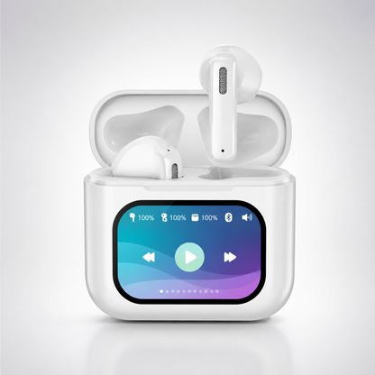 smart touchscreen Bluetooth earbuds with open charging case, full-color display screen, music controls, battery status indicators, and modern wireless earbud design on a white background.