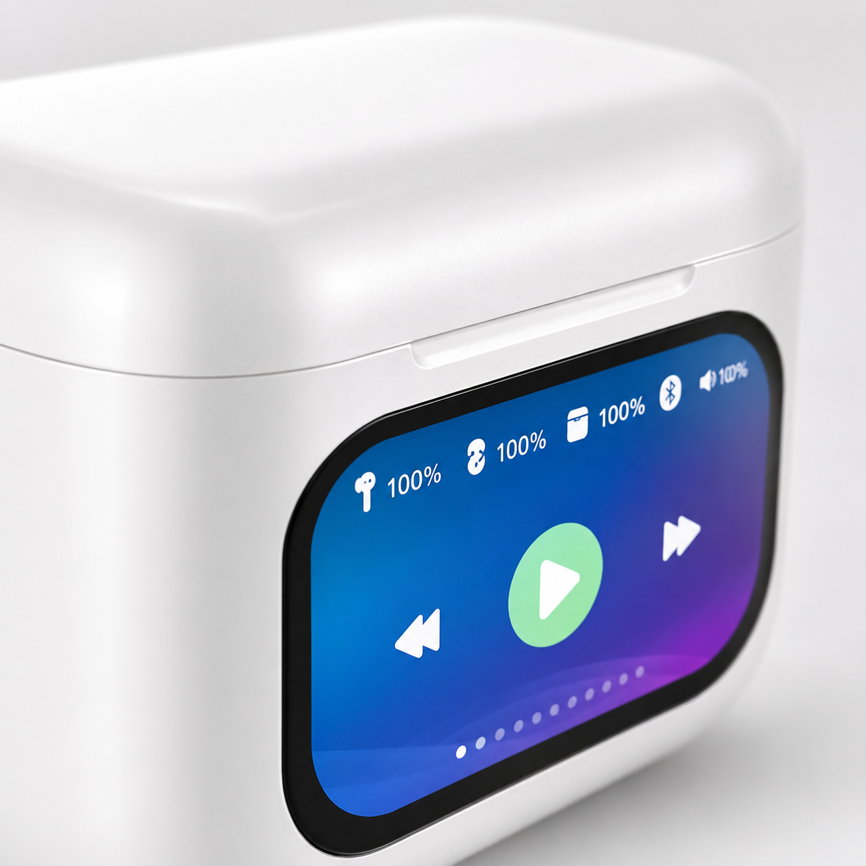 Close-up view of the K1 smart earbuds charging case with integrated touchscreen display showing battery levels, music playback controls, Bluetooth status, and charging indicators.