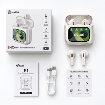 Smart touchscreen wireless earbuds with ENC noise reduction displayed with retail box, charging case, earbuds, USB charging cable, user manual, and touchscreen function card on a clean white background.