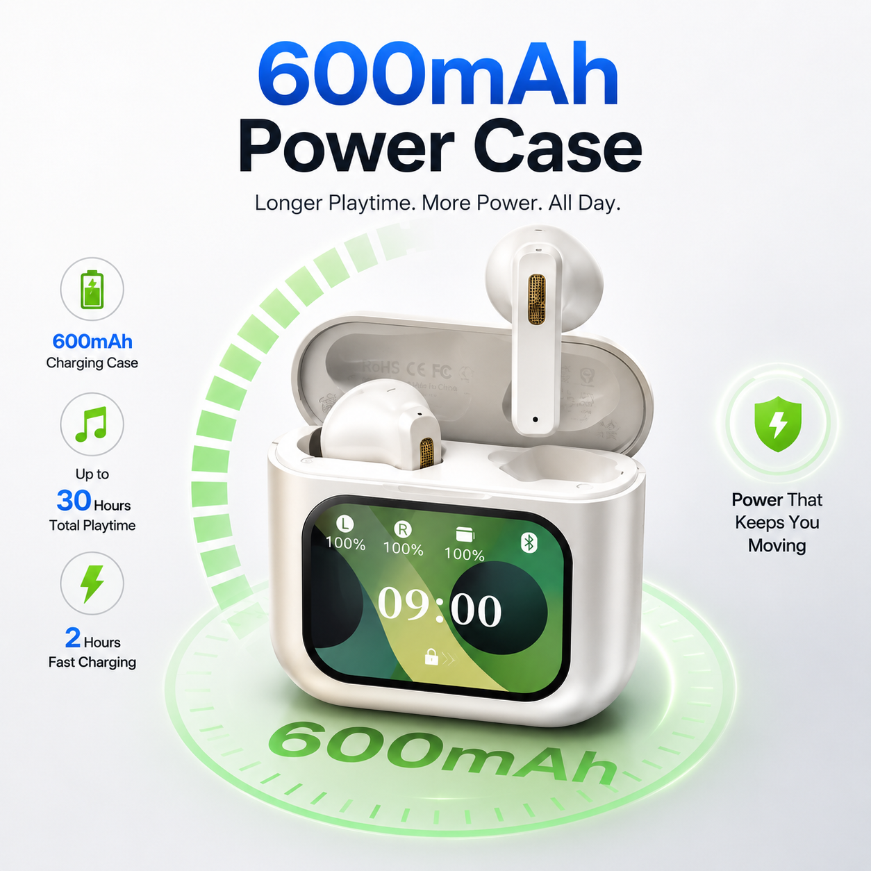smart touchscreen wireless earbuds featuring a 600mAh charging case, battery power graphics, Bluetooth connectivity, extended playtime illustration, and portable charging solution for everyday use.