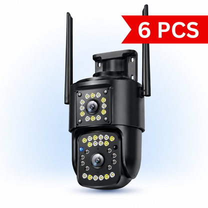 Front view of the V380 dual-lens wireless outdoor CCTV camera with dual WiFi antennas, wall-mount bracket, integrated LED arrays, dual cameras, and weather-resistant black housing