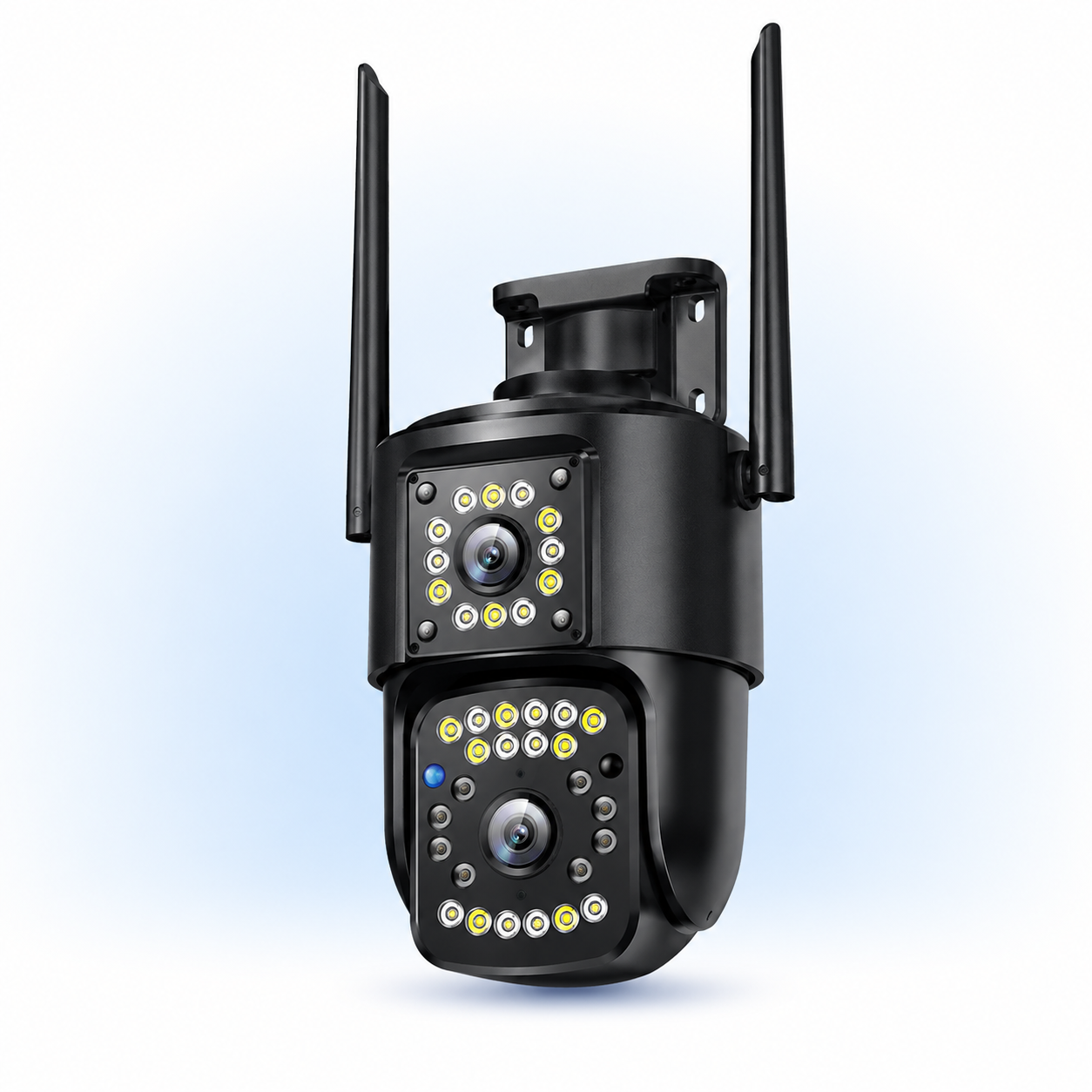 Front view of the V380 dual-lens wireless outdoor CCTV camera with dual WiFi antennas, wall-mount bracket, integrated LED arrays, dual cameras, and weather-resistant black housing