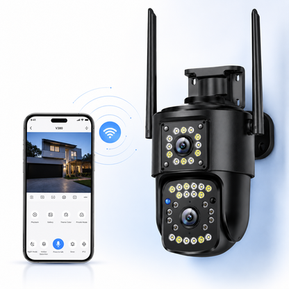 V380 dual-lens outdoor WiFi security camera with two antennas displayed beside a smartphone showing the live monitoring app interface. Wireless connectivity icon highlights remote viewing, PTZ control, motion detection, two-way audio, and smart home surveillance