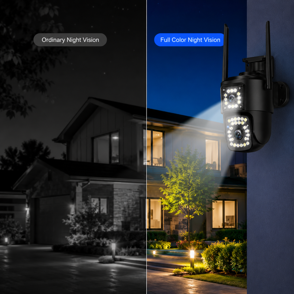 Split-screen comparison showing ordinary night vision versus full-color night vision using the V380 outdoor dual-lens security camera. The camera illuminates a residential property with bright full-color imaging, demonstrating enhanced nighttime visibility and outdoor home security.