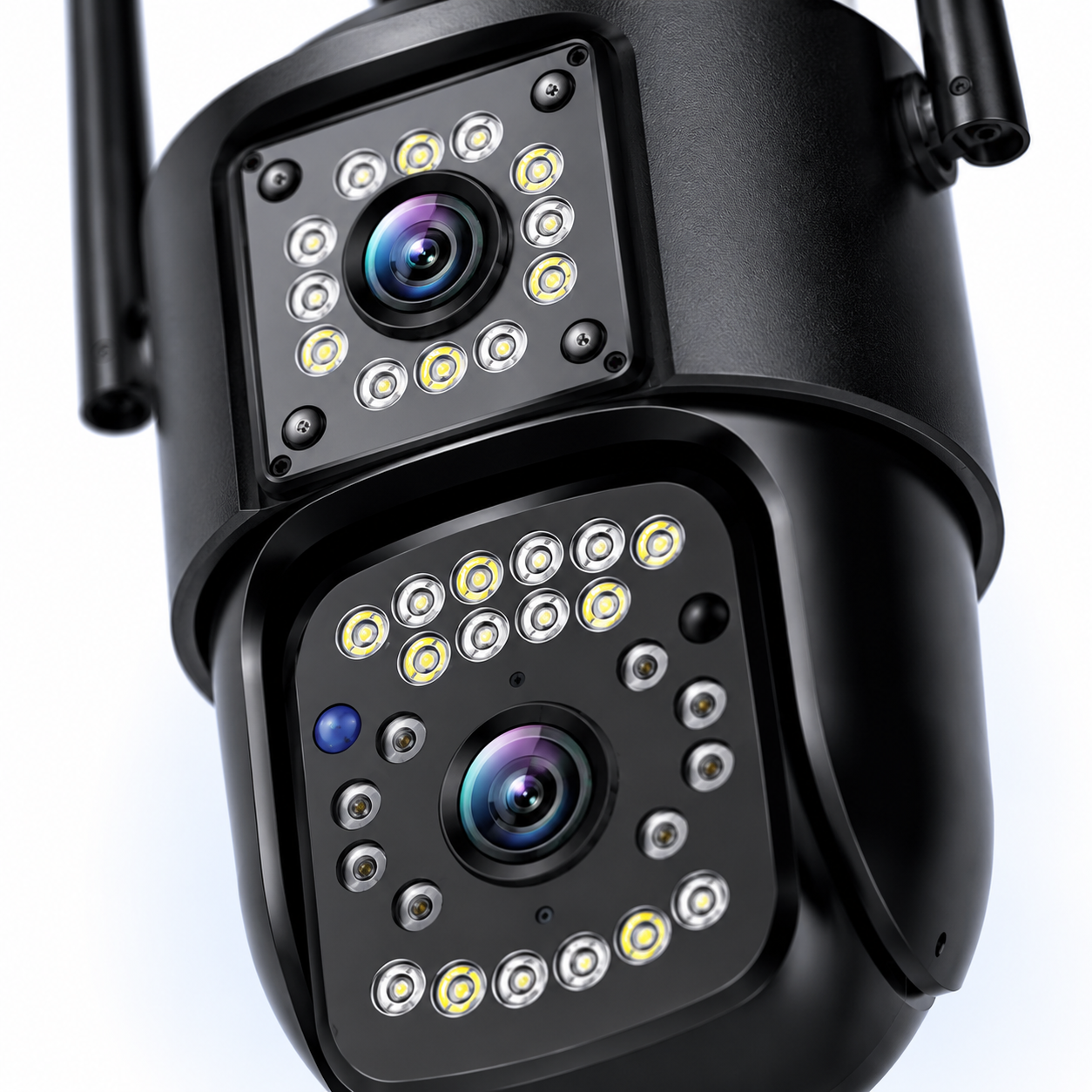 Close-up of the V380 dual-lens smart security camera highlighting the dual HD camera modules, infrared LEDs, white LEDs, precision lens assembly, rugged outdoor construction, and premium matte black finish for advanced home surveillance.