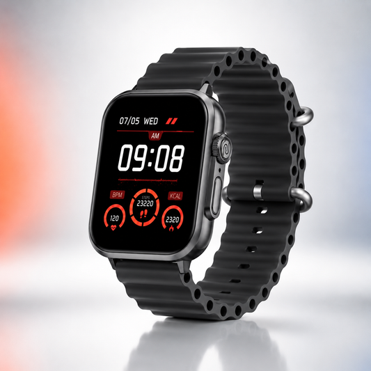 Black Bluetooth calling smart watch displaying weather, heart-rate monitoring, sleep tracking, activity tracking, music controls and smart notifications on a large touchscreen with floating feature widgets