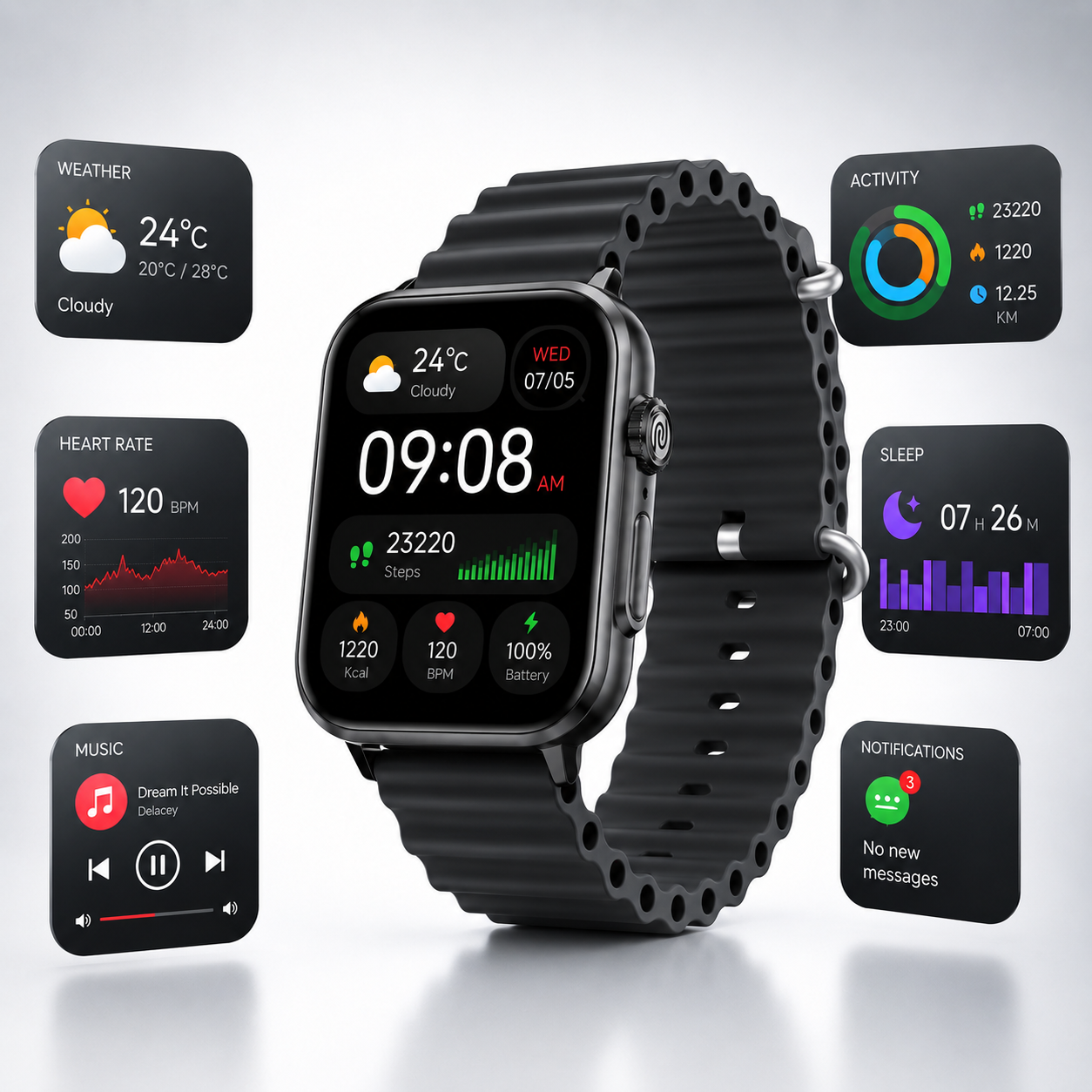 Premium black Bluetooth calling smart watch with a 1.99-inch TFT display, functional side crown, black silicone strap, heart-rate tracking interface and modern square touchscreen displayed