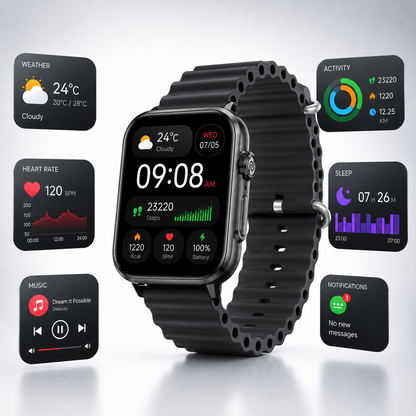 Premium black Bluetooth calling smart watch with a 1.99-inch TFT display, functional side crown, black silicone strap, heart-rate tracking interface and modern square touchscreen displayed