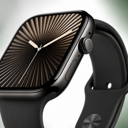 Close-up of a black Bluetooth calling smartwatch showing the rotating crown, side button, square display, and premium silicone strap.