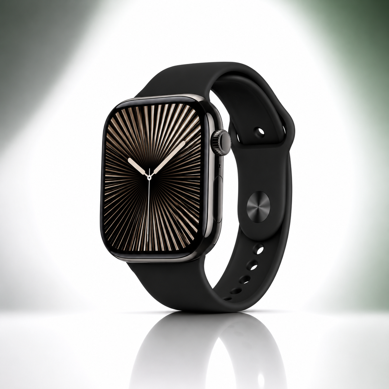 Premium black Bluetooth calling smartwatch with a square full-touch display, elegant black silicone strap, rotating side crown, slim metal-look frame, and modern analog-style watch face