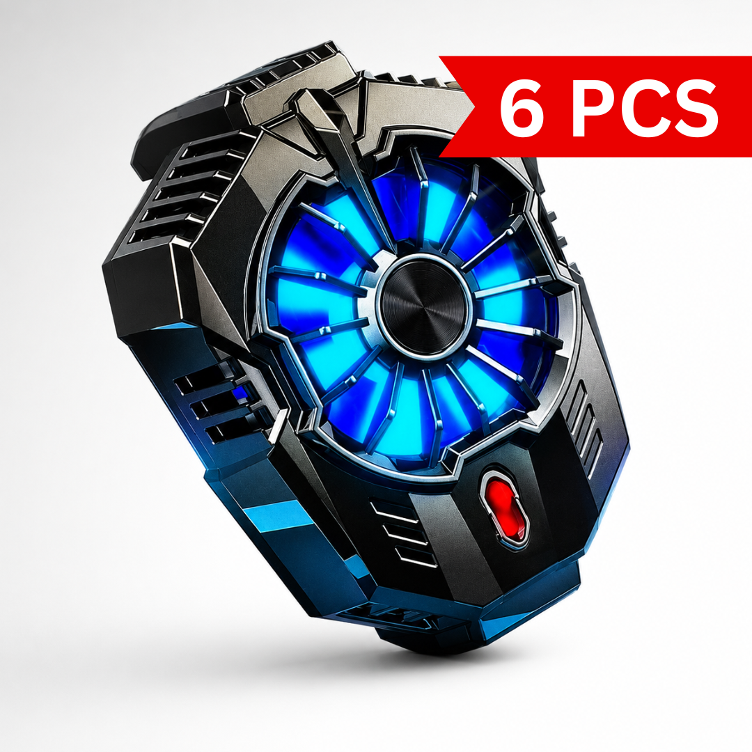 Portable mobile phone cooling fan with blue LED illumination, futuristic gaming design, and semiconductor cooling technology.