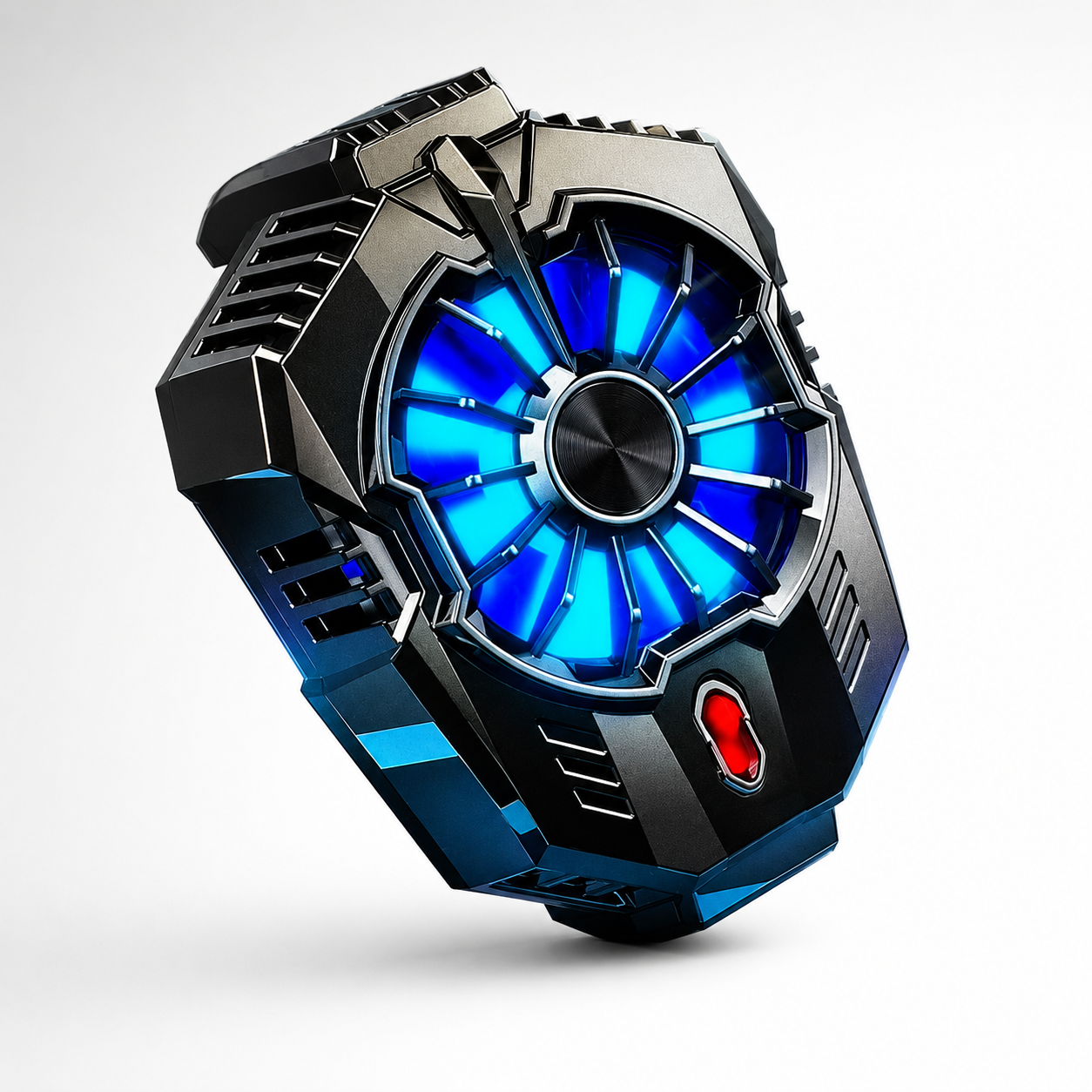 Portable mobile phone cooling fan with blue LED illumination, futuristic gaming design, and semiconductor cooling technology.