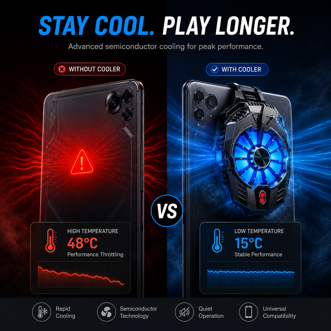 Smartphone cooling fan comparison showing overheated phone without cooler and low-temperature performance with gaming phone cooler attached.