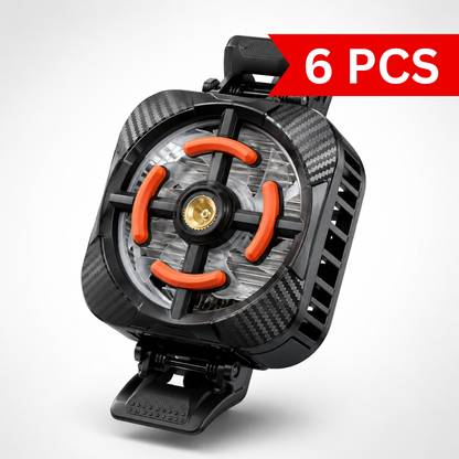 Compact mobile phone cooling fan with back clip attachment, transparent fan blades, and Type-C powered design 