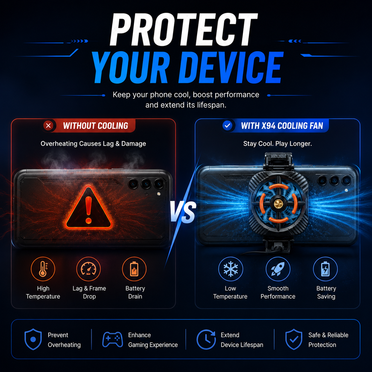 Gaming phone cooling radiator with carbon-fiber style finish and orange accents, attached to a smartphone to improve heat dissipation and maintain performance.