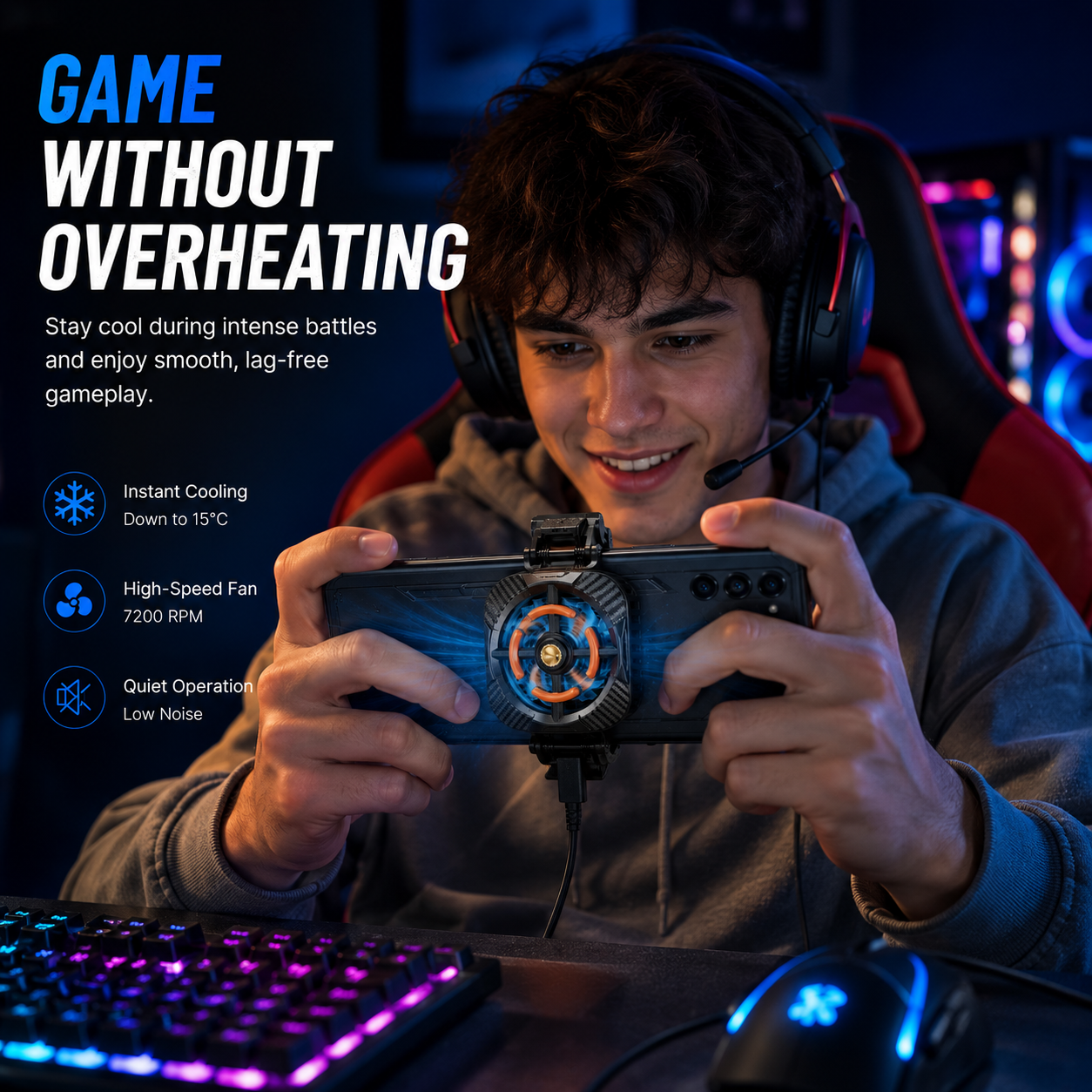 Mobile gaming phone cooler clipped to the back of a smartphone, featuring a high-speed cooling fan with blue airflow effects, designed to reduce heat during extended gaming sessions.