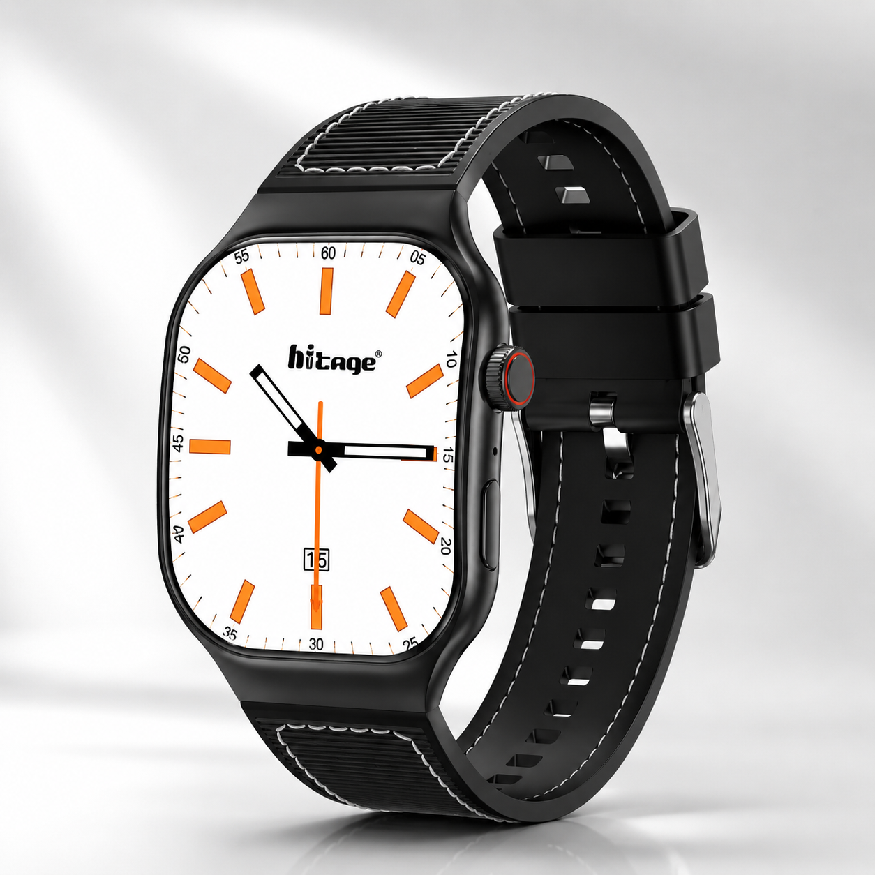 Rectangular smartwatch with a black silicone strap, rotating crown, and large edge-to-edge display