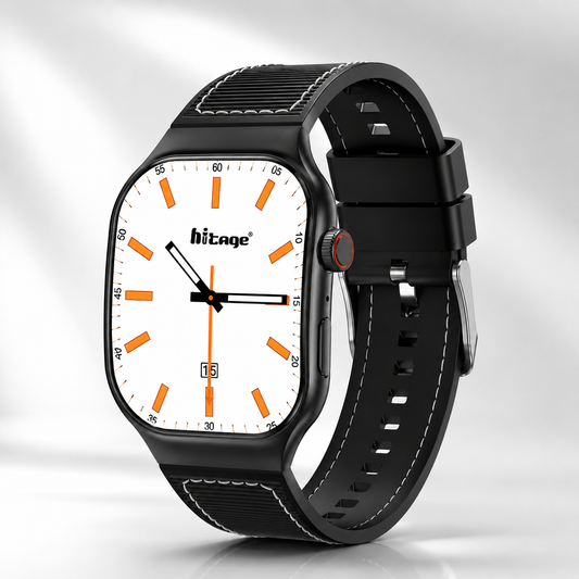 Rectangular smartwatch with a black silicone strap, rotating crown, and large edge-to-edge display