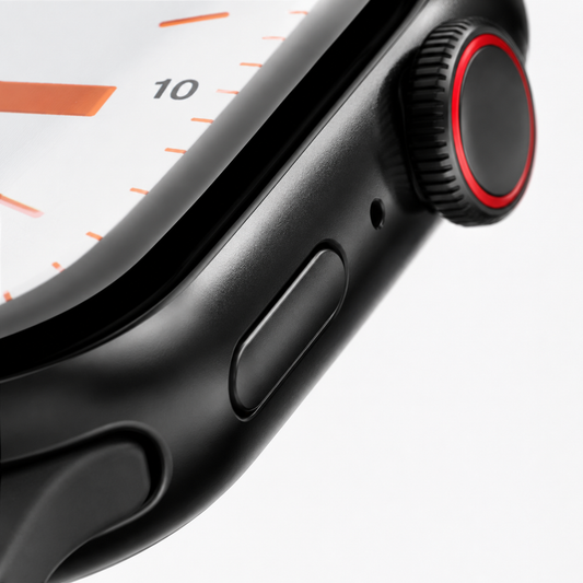 Close-up of the smartwatch's rotating crown, side button, and black metal case with a premium finish.