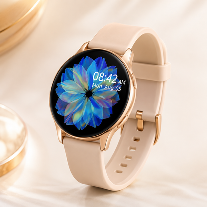 Modern product photography of the round smartwatch standing upright on a luxury cream background, featuring a bright AMOLED-style display, rose gold metal finish and comfortable beige silicone strap.