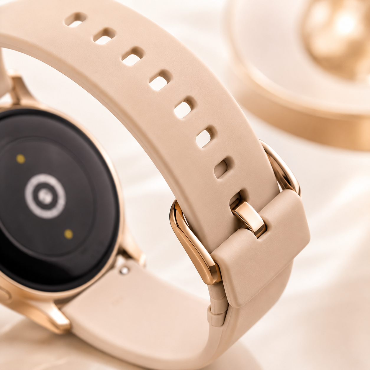 Luxury macro close-up of the soft beige silicone watch strap with adjustable buckle, smooth matte texture and precision-fit holes, showcasing comfort and everyday durability.