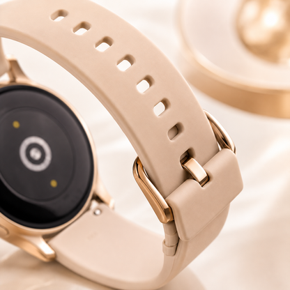 Luxury macro close-up of the soft beige silicone watch strap with adjustable buckle, smooth matte texture and precision-fit holes, showcasing comfort and everyday durability.