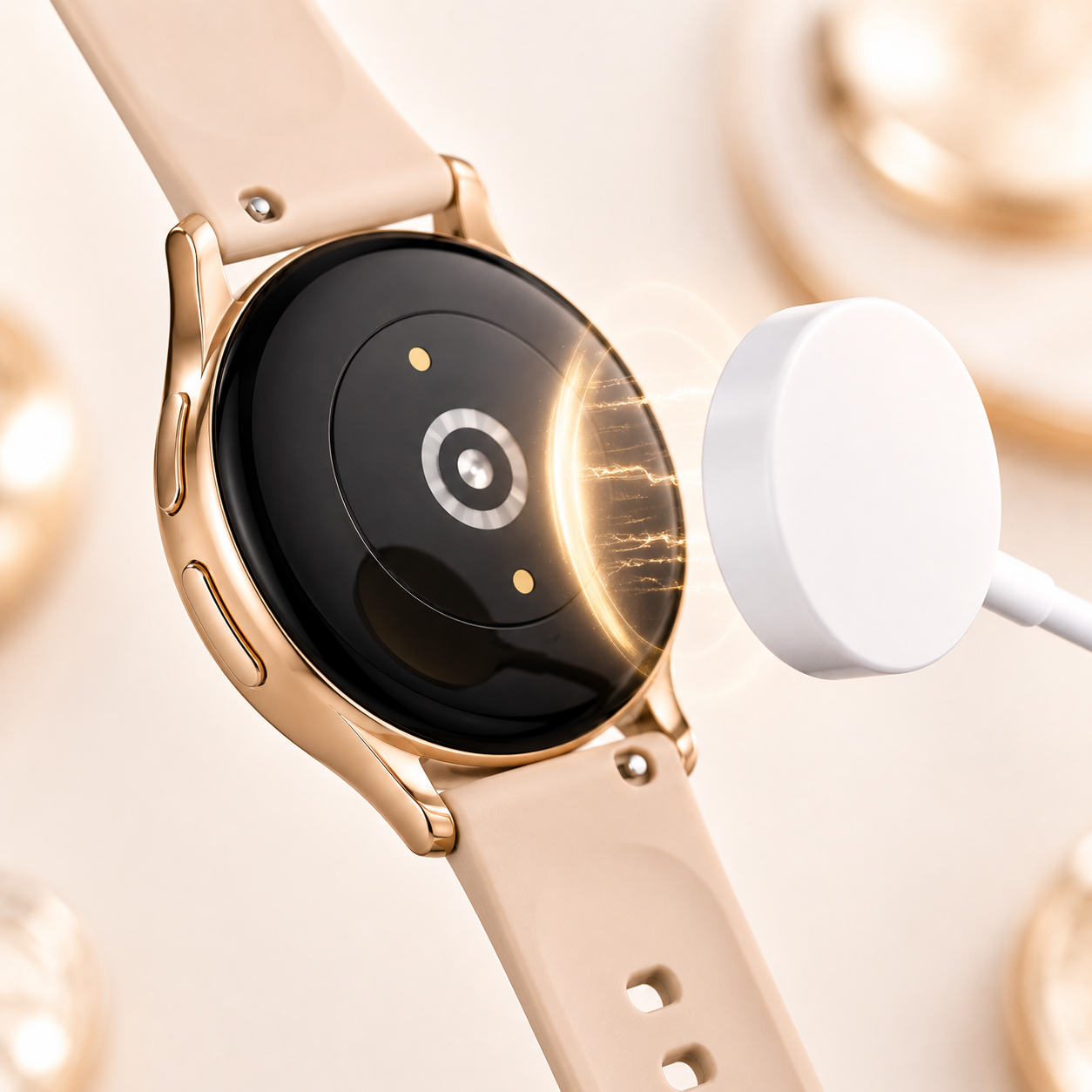 Premium round smartwatch with a vibrant full-touch display, elegant rose gold case, soft silicone strap and magnetic wireless charging puck, highlighting convenient wireless charging.