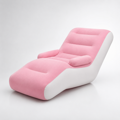Pink and white single inflatable lounge sofa featuring an ergonomic reclining design, supportive backrest, side armrests, extended leg rest and thickened PVC construction for indoor use.