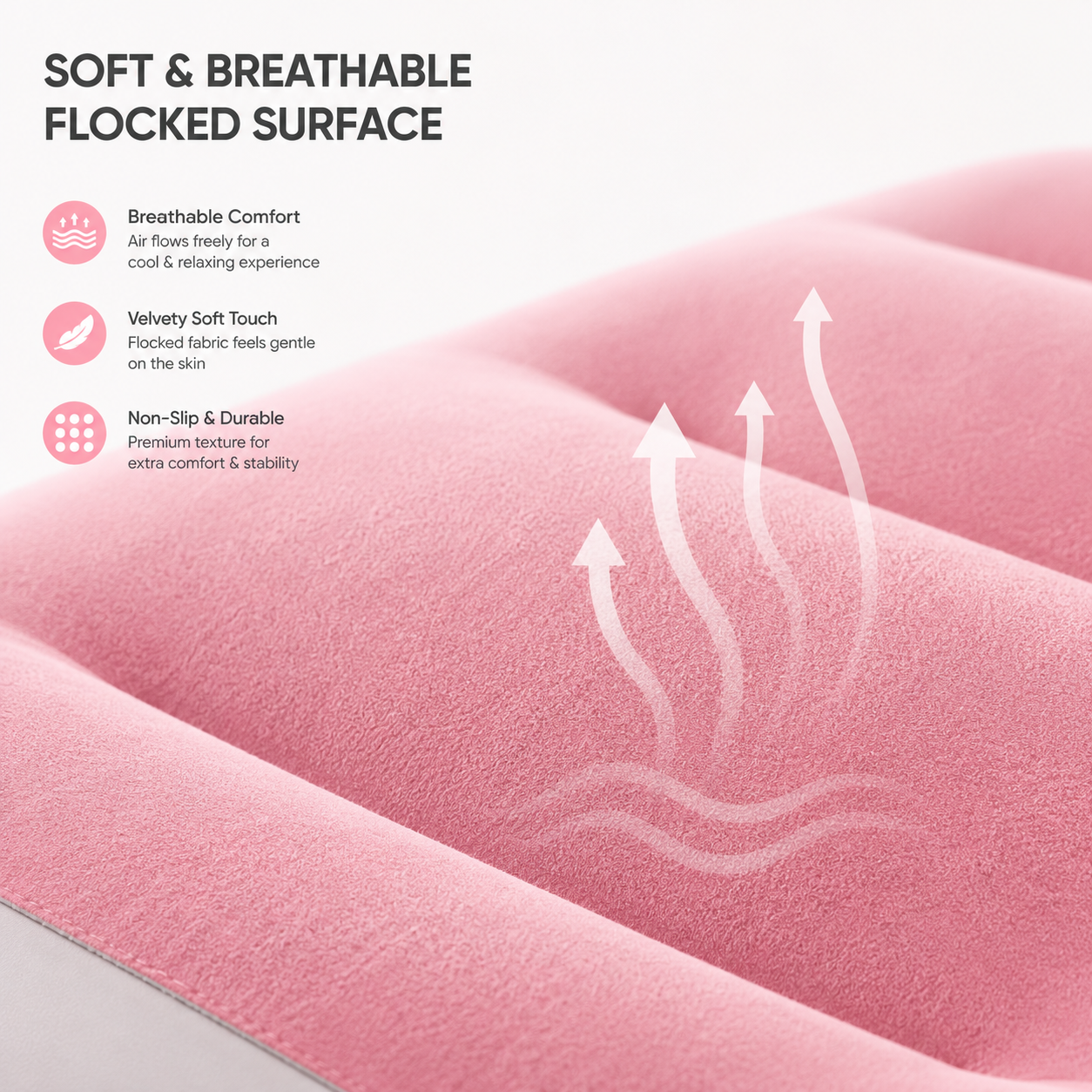 Close-up of the soft flocked surface on a premium inflatable lounge sofa, showcasing breathable fabric texture, velvety finish and durable non-slip material for enhanced comfort.