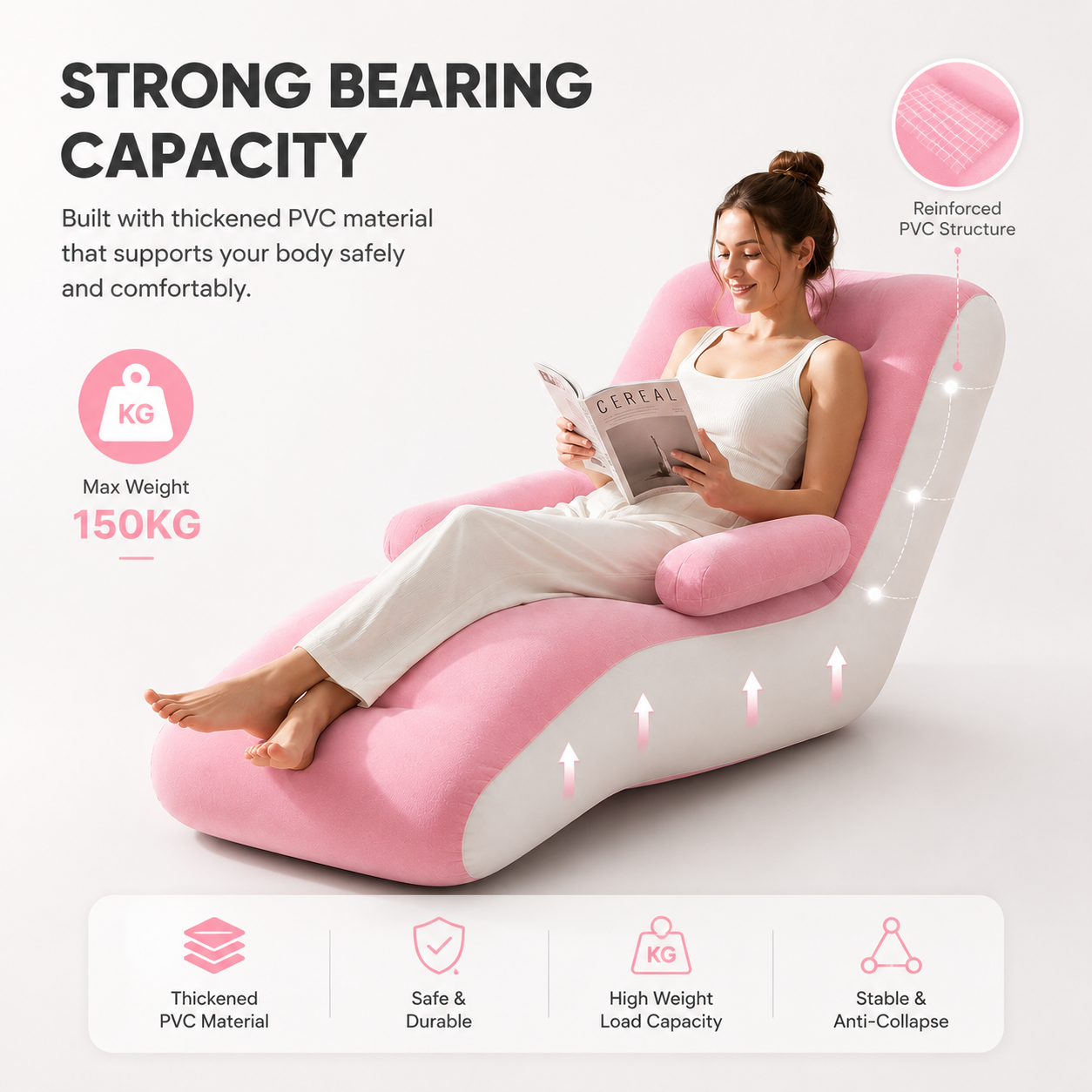 Premium single inflatable lounge sofa with thickened PVC construction, 150kg weight capacity, ergonomic reclining design, reinforced structure, armrests and extended leg support for comfortable indoor relaxation.