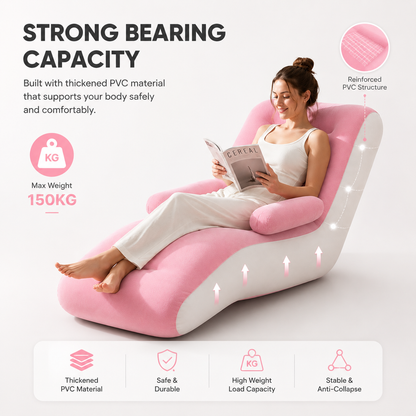 Premium single inflatable lounge sofa with thickened PVC construction, 150kg weight capacity, ergonomic reclining design, reinforced structure, armrests and extended leg support for comfortable indoor relaxation.