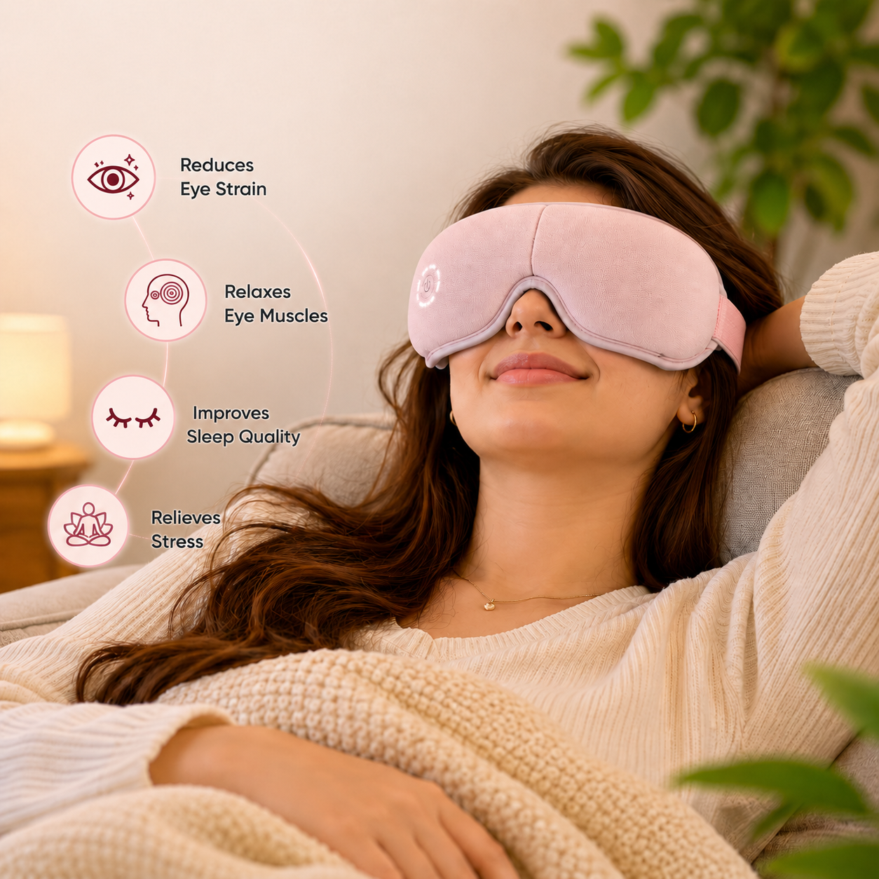 Woman relaxing on a sofa while wearing a soft pink rechargeable eye massager mask, designed to help reduce eye strain, relax eye muscles, support better sleep, and promote stress relief in a cozy home environment.
