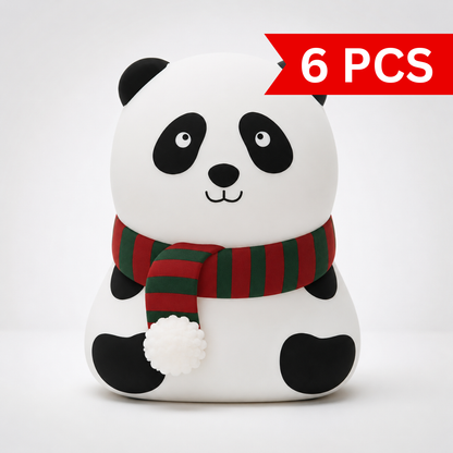 Panda silicone night light with red and green scarf design, soft silicone body and adorable character appearance on a white background.