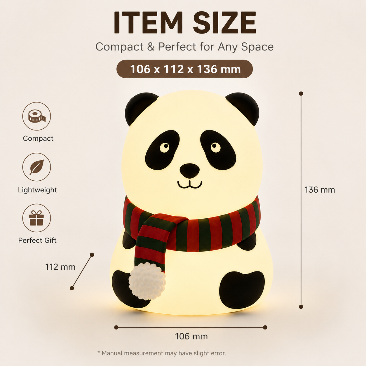 Panda silicone night light size chart showing dimensions of 106 x 112 x 136 mm, compact design with lightweight and gift-friendly features.