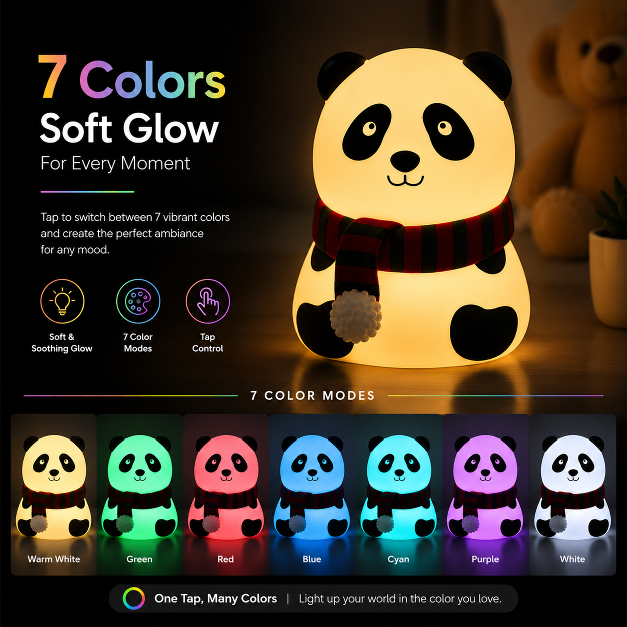 Panda silicone night light featuring 7 color modes including warm white, green, red, blue, cyan, purple and white with easy tap control.