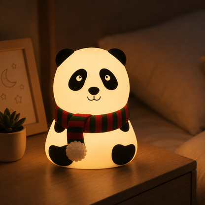 Cute panda silicone night light glowing warmly on a bedside table, creating a cozy ambient atmosphere for bedrooms and nurseries.
