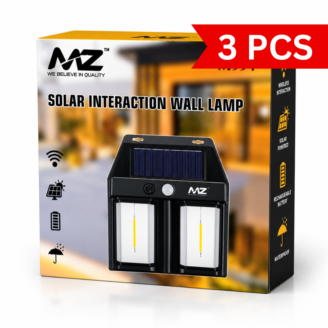 Solar interaction wall lamp retail packaging showing dual LED solar-powered outdoor security light with motion sensor.