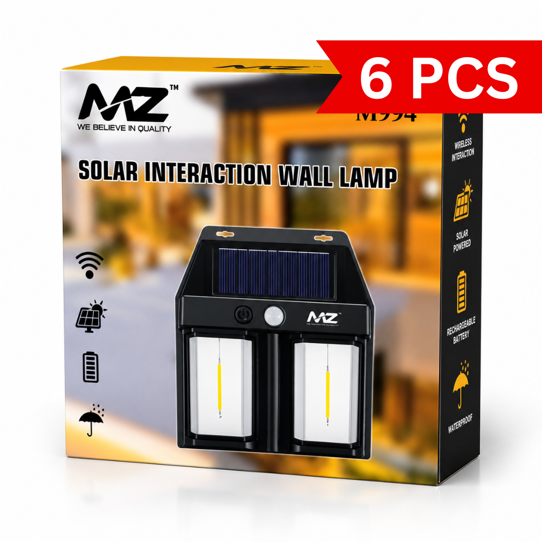 Solar interaction wall lamp retail packaging showing dual LED solar-powered outdoor security light with motion sensor.