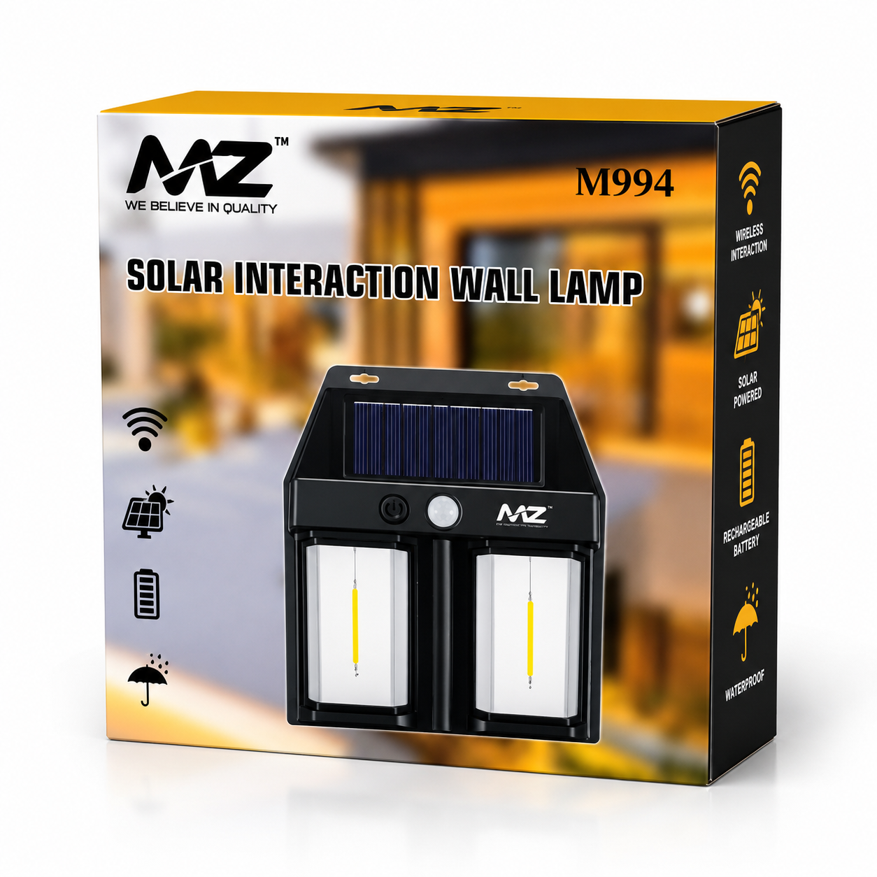 Solar interaction wall lamp retail packaging showing dual LED solar-powered outdoor security light with motion sensor.