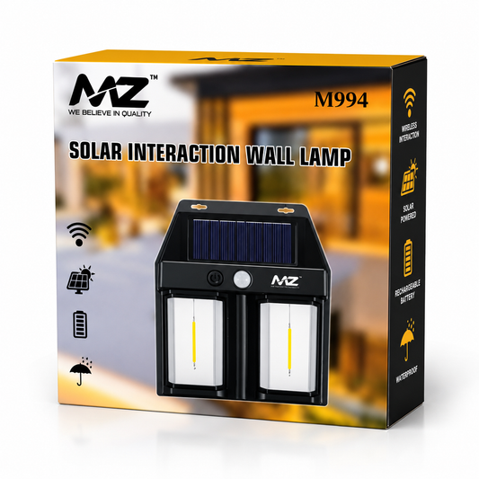 Solar interaction wall lamp retail packaging showing dual LED solar-powered outdoor security light with motion sensor.