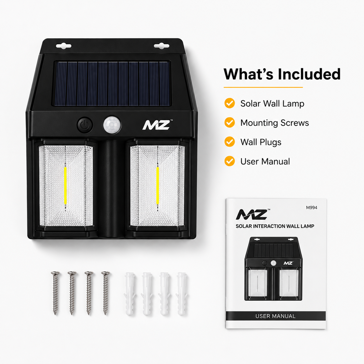 Solar-powered dual LED wall lamp with integrated solar panel, motion sensor, and black weather-resistant housing, displayed on a white background with mounting screws, wall plugs, and user manual.