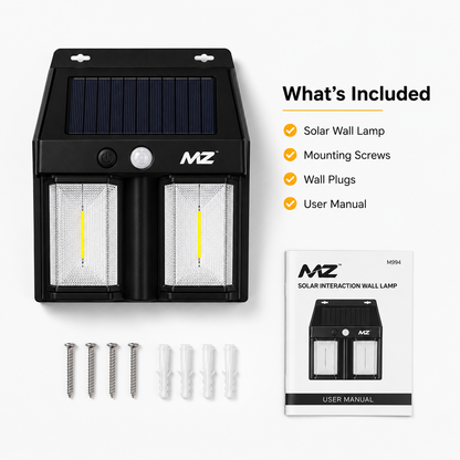 Solar-powered dual LED wall lamp with integrated solar panel, motion sensor, and black weather-resistant housing, displayed on a white background with mounting screws, wall plugs, and user manual.