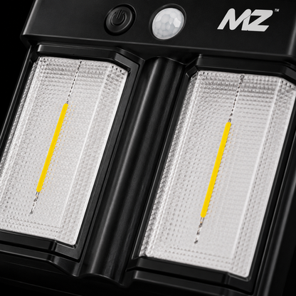 Black solar wall light featuring dual COB LED light panels, built-in solar charging panel, PIR motion sensor, and wall-mount design on a clean white studio background.
