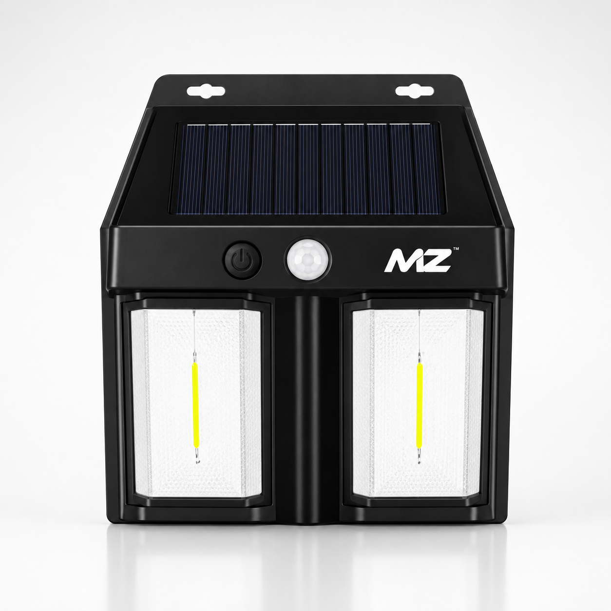 Macro view of the integrated high-efficiency solar panel on a solar-powered outdoor wall lamp, showing detailed photovoltaic cells and premium textured housing.