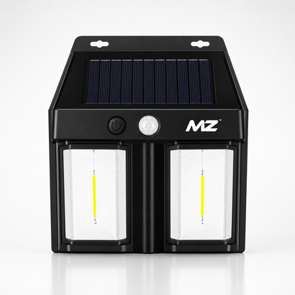 Macro view of the integrated high-efficiency solar panel on a solar-powered outdoor wall lamp, showing detailed photovoltaic cells and premium textured housing.