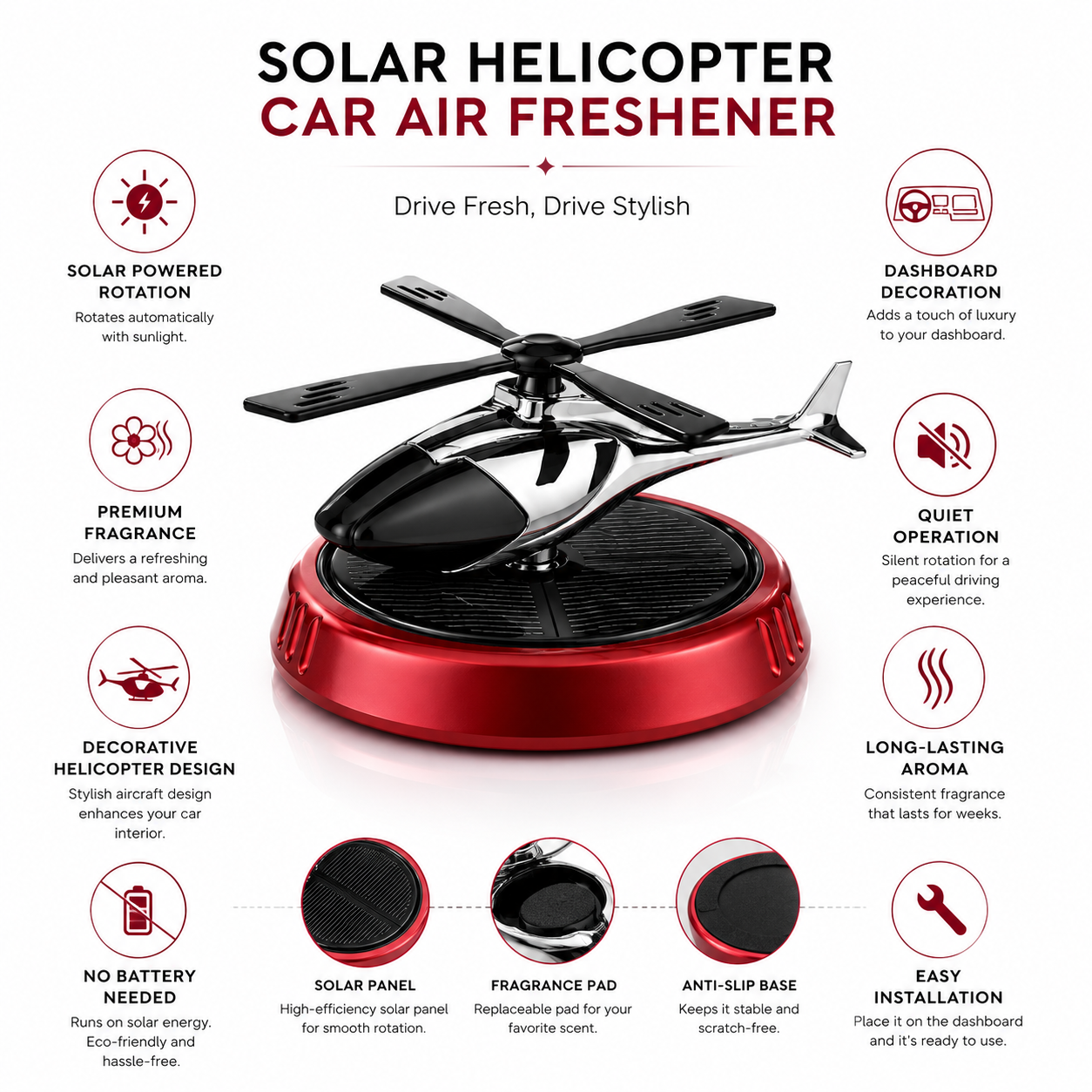 Solar-powered helicopter car air freshener infographic featuring a glossy black helicopter mounted on a metallic red base with integrated solar panel. Highlights include solar-powered rotation, premium fragrance, dashboard decoration, quiet operation, decorative helicopter design, long-lasting aroma, no battery needed, easy installation, anti-slip base, and replaceable fragrance pad.