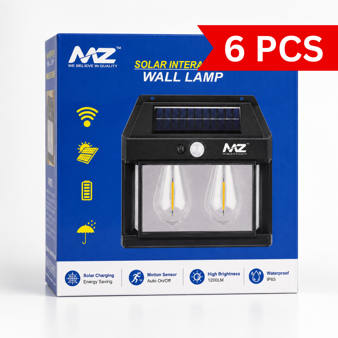 Premium packaging box of a solar motion sensor wall lamp (Model M992) featuring dual Edison-style LED lights, integrated solar panel, PIR motion sensor, IP65 waterproof rating, 1200LM brightness, and energy-saving solar charging